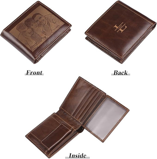 Customized RFID Blocking Wallet for Men Personalized Wallets for Men with Photo Name Leather Mens Wallet for Dad Boyfriend Grandpa Husband Bithday Gift