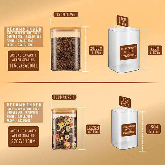 D2scrma 122oz 41oz Airtight Glass Square Storage Canister with Bamboo Lid Set of 2(3600ml*1 1200ml*1) Large Storage Container Gallon Glass Jars, for Sugar, Flour, and Coffee bean (with Black Lable)