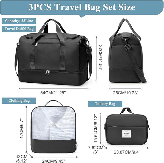 Extra Large Travel Duffle Bag,Carry on Overnight Weekend Bag with Shoes Compartment,Weekender Bags for Women for Travel Business Trips Sport Hospital,3 Pcs Set,Black
