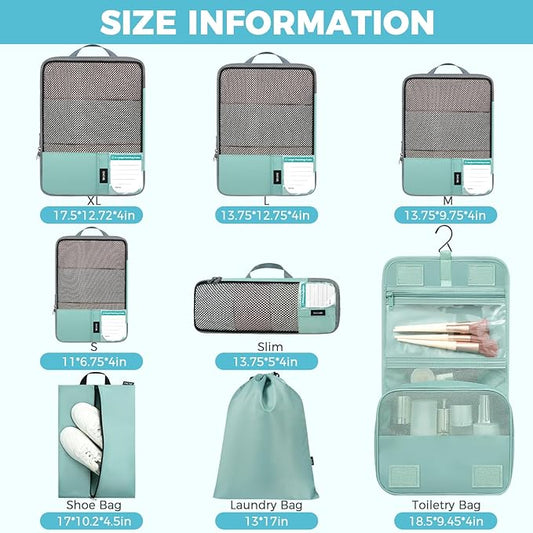 BAGAIL 4 Set/6 Set/8 Set Compression Packing Cubes Travel Accessories Expandable Packing Organizers(HalfMesh,8-DustyBlue)