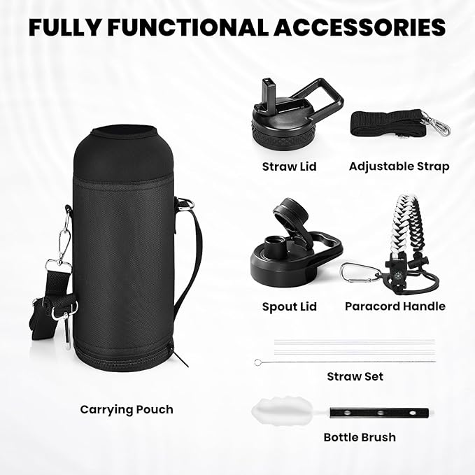 Insulated Water Bottle 40 oz, Triple Wall Vacuum Stainless Steel (Cold for 48 Hrs), Leak Proof & Non-BPA, Modern Water Flask Jug with Paracord Handle & Straw Spout Lids, Ombre: White/Black