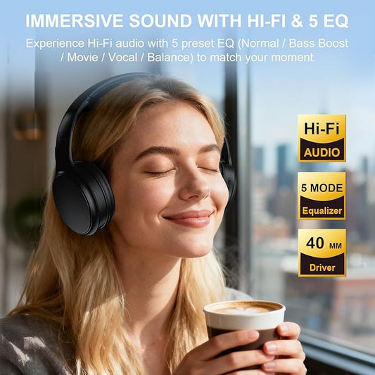 Wireless Headphones for TV, Bluetooth & 2.4G Dual-Mode Headphones with Transmitter Box, 5 Equalizer Presets with Clear Dialogue, Built-in mic for Calls, TV Ear Headsets, Black