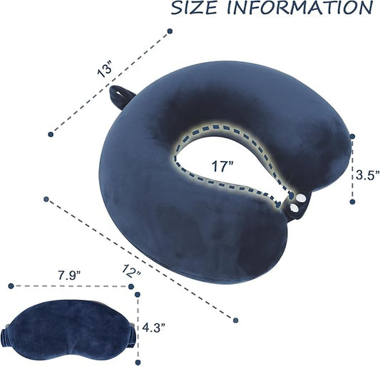 Pure Memory Foam Travel Pillow Set for Adults - Comfortable & Removable Machine Washable Cover, Neck Support Pillow Airplane Travel Kit with Eye Mask for Portable Plane Accessories -Dark Blue
