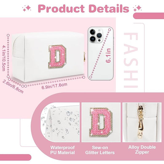 Small Initial Patch Makeup Bag Personalized Gifts Make Up Bag,White Cute PU Leather Glitter Letter Cosmetic Bag with Zipper,Trendy Portable Travel Toiletry Pouch,Preppy Stuff for Teen Girls Women D