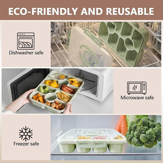 Dishwasher Safe Snackle Box Container, Snack Divided Serving Tray with Lid, Portable Snack Organizer with Date Marker, 2 Dressing Containers, Fork and Spoon, Green