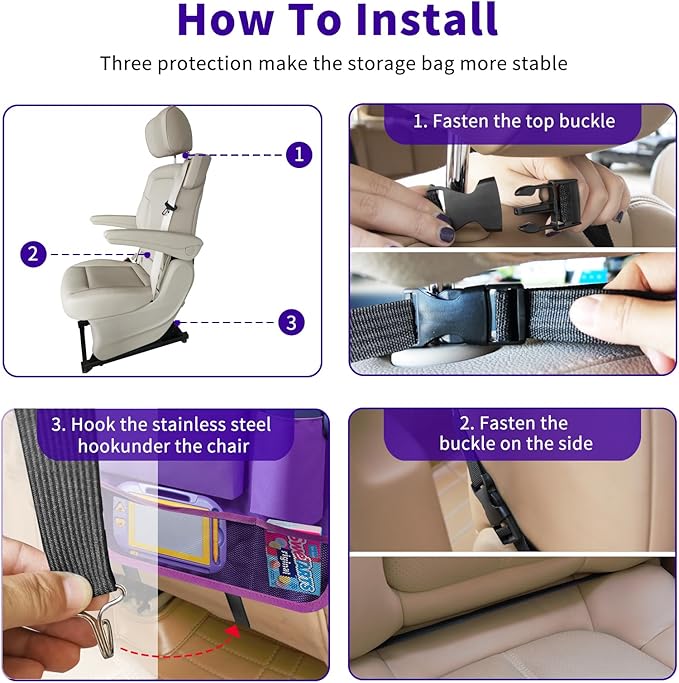Etre Jeune Car Backseat Organizer with Tray, Seat Back Table Holder with 6 Storage Pockets, Car Seat Back Protectors Kick Mats Travel Accessories, 1 Pc Purple