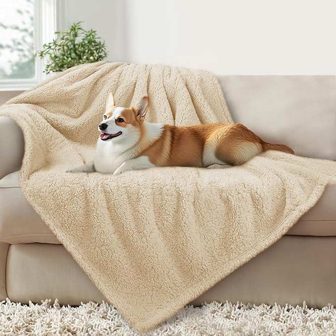 Luciphia Waterproof Pet Blanket for Medium Large Dogs Soft Cat Sherpa Calming Thick Cover Leakproof Cozy Puppy Sofa Bed Car Couch Protector(Beige,30x20 inches)