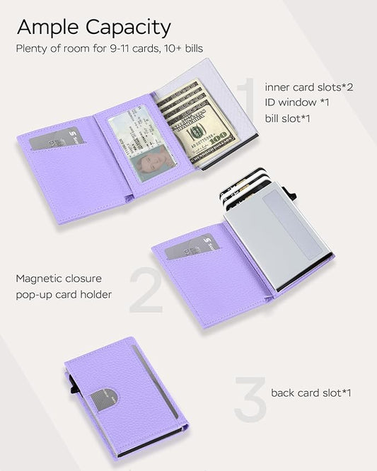 Vast Scenery Women's Small Wallet - 2026 Trendy Lavender Purple, RFID Blocking Smart Metal Pop Up Card Holder, Ultra Slim Fits Most Bags & Pockets, Holds 11+ Cards 10+ Bills, Gift for Her
