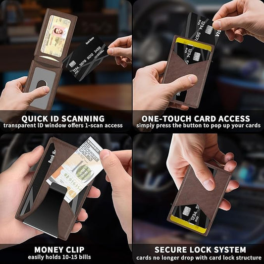 KISUEDZP Wallet for Men Slim RFID Blocking-Metal Smart Pop-Up Credit Card Holder with 2 ID Windows, Holds 8-10 Cards,Bifold Minimalist Front Pocket Wallet & Money Clip,Men's accessories (Coffee)