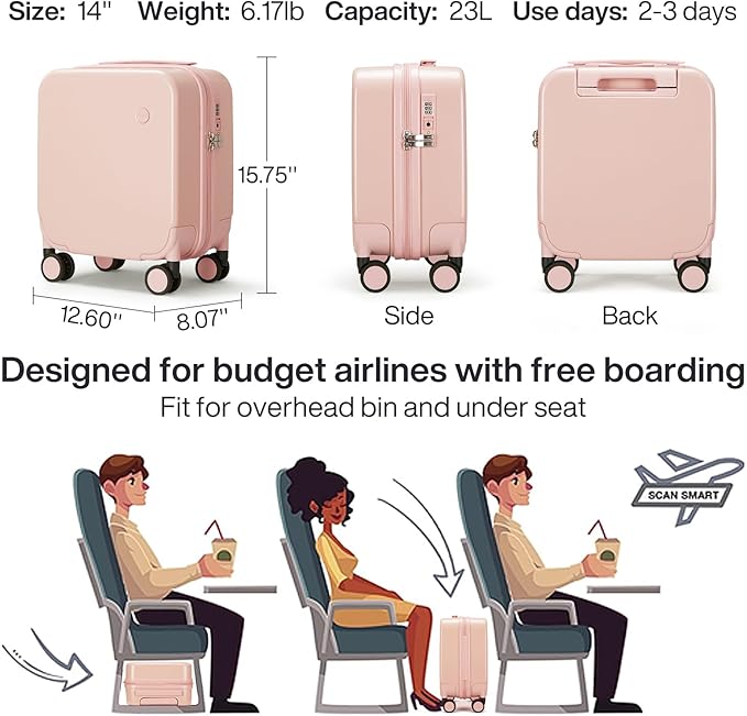 mixi 14 Inch Underseat Luggage Carry on Suitcase Free Boarding Personal Item Suitcases with Spinner Wheels Hardshell Lightweight PC for Short Travel, Pink