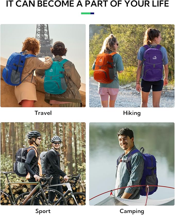 WATERFLY Hiking Packable Daypack Backpack: 25L Ultra Lightweight Day Pack for Woman Man - Small Compact Folding Back Pack for Outdoor Sport Cycling Camping Travel Trip - Black