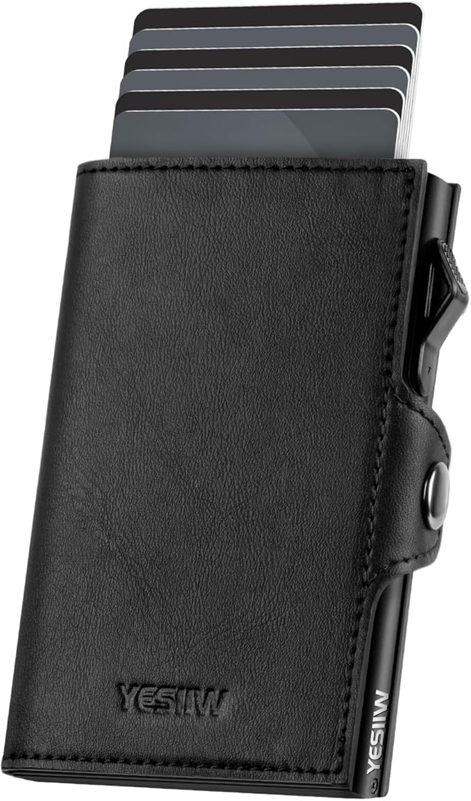 YESIIW Slim Wallet for Men Pop Up Card Holder: Aluminum Case, Premium Leather, Smart, RFID Blocking, Minimalist, Front Pocket - 9-11 Card Capacity | ID Window | Cash Slot (Black)