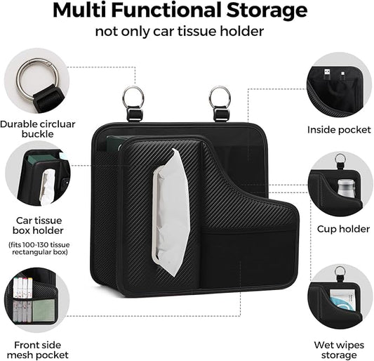Car Tissue Holder,Back Seat Organizer with Cup Holder,Multifunctional Car Headrest Seat Back Storage,Snack Organizers for Kids,Large Tissue Box Cover Fit for 100-130 Regular Size Tissues