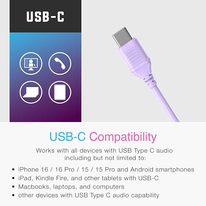 MEE Audio KidJamz KJ55 Safe Listening USB-C Headphones for Children with Multicolor LED Lights, Volume Limiter, & Mic; On-Ear Wired Headset for iPhone 16, iPad, & USB Type C Devices (Lavender)