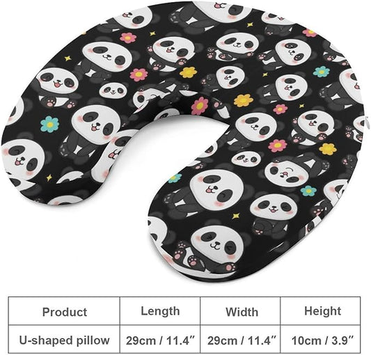 Youth Travel Neck Pillow Soft Memory Foam Chin Support Cute Cartoon Panda Art, Washable Cover for Boys Girls Airplane Car School Rest