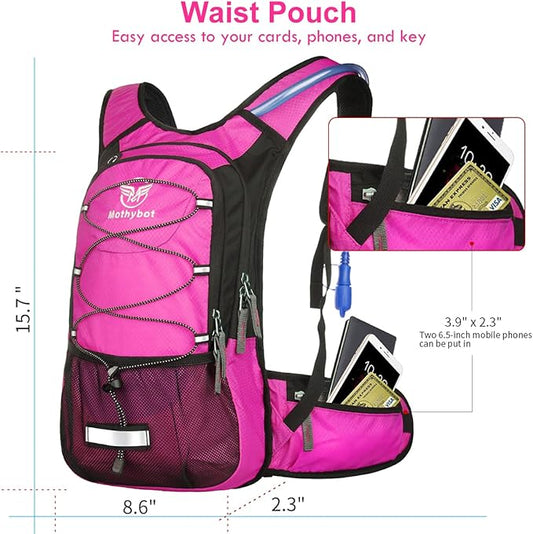 Mothybot Insulated Hydration Backpack Pack with 3L BPA Free Leak Proof Water Bladder, Large Storage Lightweight Hiking Daypack with Waist Pouches & Cooler Layer, for Running, Biking, Camping, Festival