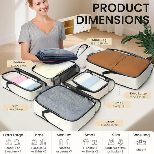 BAGAIL 4 Set/6 Set/8 Set Compression Packing Cubes Travel Accessories Expandable Packing Organizers (Half Mesh, 6-Beige)