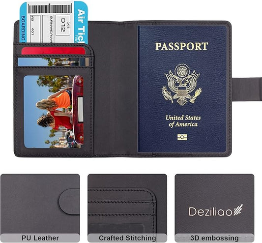 Deziliao Unisex Faux Leather Passport and Vaccine Card Holder, Black, Slim, Waterproof, Lightweight, RFID Blocking