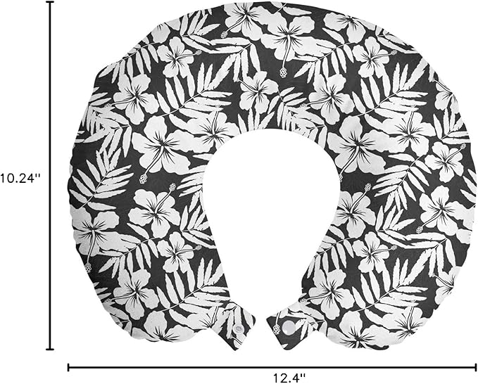 Ambesonne Tropical Travel Pillow Neck Rest, Artisan Exotic Hibiscus Flowers Fern Leaves Pattern Nature Plant Picture Art, Memory Foam Traveling Accessory for Airplane and Car, 12", White Grey