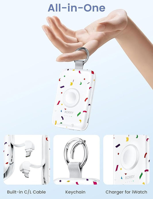 RORRY Portable Charger, 10000mAh PD 20W Fast Charging Portable Charger Power Bank with Built in Cables, Travel Battery Pack for iPhone 17/16/15/14/13/12 and Apple Watch, Confetti-White