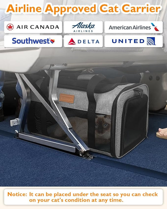 PETUX TSA Approved Pet Carrier in Cabin - 17"x11"x9.5", Underseat, Soft Sided Cat Carriers with Safety Zippers and Anti-Scratch Mesh for Small Cat up to 12 lb, Ideal for Travel and Vet Visit, Grey