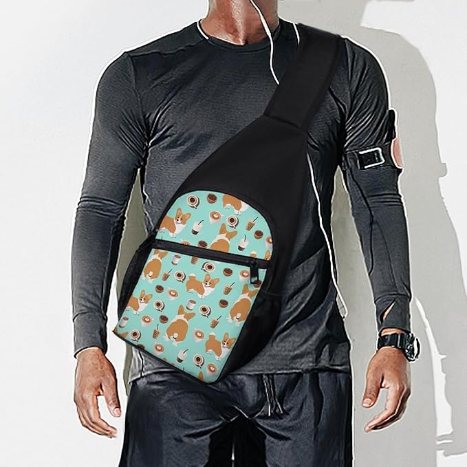 SWEET TANG Fashion Sling Backpack, Lightweight Sling Shoulder Bag, Outdoor Chest Crossbody Bike Gym Runner Daypack with Adjustable Strap for Men Women, Shiba Inu Coffee Print Dog And Coffees