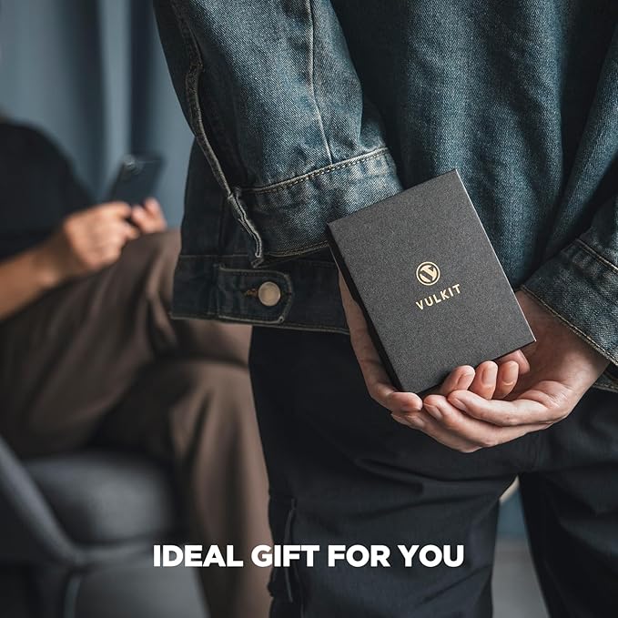 VULKIT Men's Wallet with ID Window Premium Leather Wallets RFID Blocking Minimalist Wallet Pop Up Card Holder Magnetic Closure