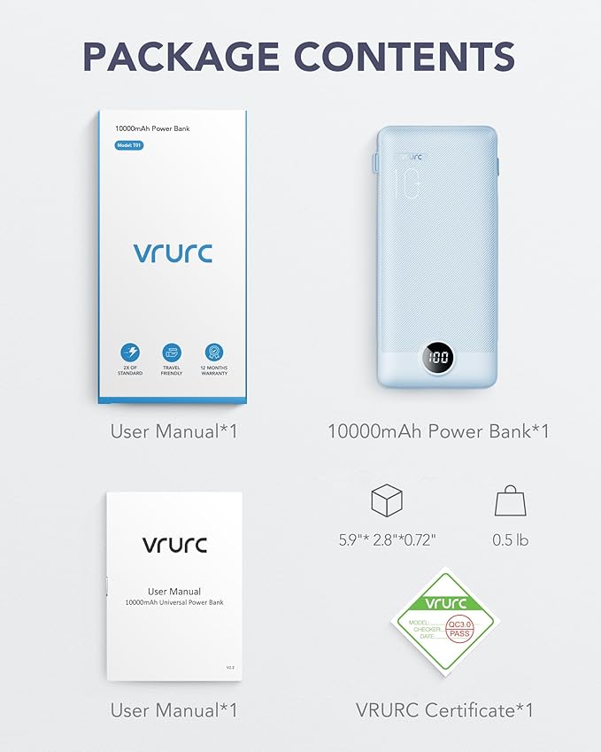 VRURC Portable Charger Built-in Cables and AC Wall Plug, USB C Power Bank 10000mAh, Travel Essentials Phone Charger Compact Lightweight External Battery Pack for Smart Phones, Tablets etc-Blue
