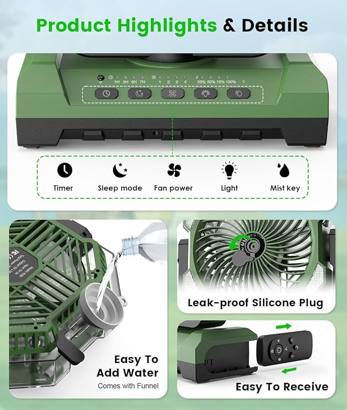 Camping Misting Fan - Portable Rechargeable Fan with 9oz Tank, Light, Hook - Battery Power 120H MAX Working, Fast Cooling, 4 Speed, Timer, Sleep Mode, for Outdoor, Travel, Patios, Beach
