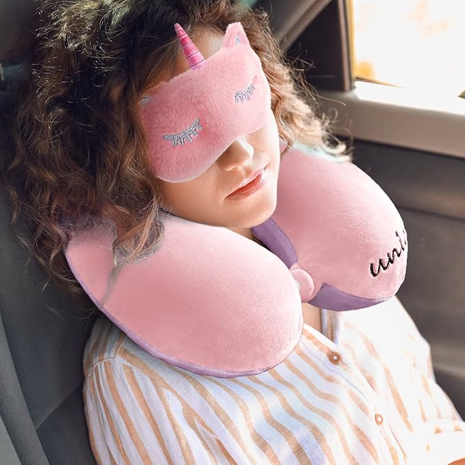 Neck Travel Pillow for Kids, Unicorn Airplane Memory Foam Pillow with Cute Sleep Mask & Earplugs, Lightweight Travelling Sleeping Pillow Set for Car, Train, Bus and Home Use (Pink)