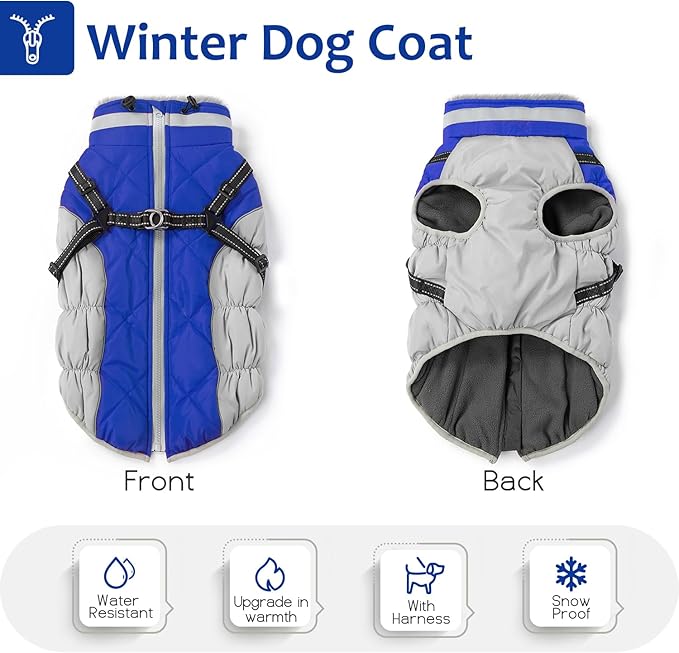 Abuandi Dog Winter Coat with Harness, Dog Jacket, Pet Clothes with Zipper on Back, Waterproof Windproof Warm Vest, Reflective Cold Weather Coats, for Small Medium Large Dogs, Thick, Blue, L
