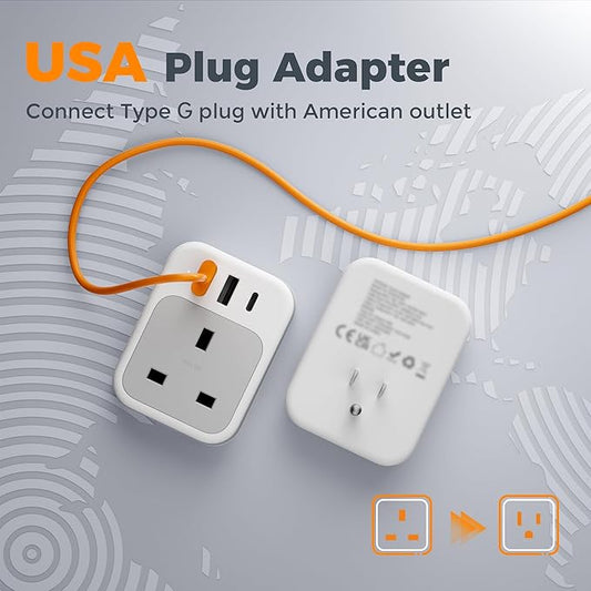 TESSAN UK to US Plug Adapter, UK Adapters for Travel with AC Outlet 3 USB (1 USB C), Type G Power Adapter Ireland London Scotland Kenya Dubai Singapore to Type B USA Travel Adaptor