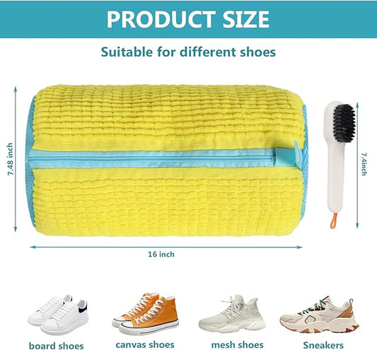 Shoe Washing Machine Bag - 2Pack Laundry Shoe Bag for Washer and Dryer, Reusable Shoe Cleaning Bag for All Shoe Sizes, 360° Deep Clean for Tennis Shoes, Sneakers, Includes 1 Brush (Yellow)