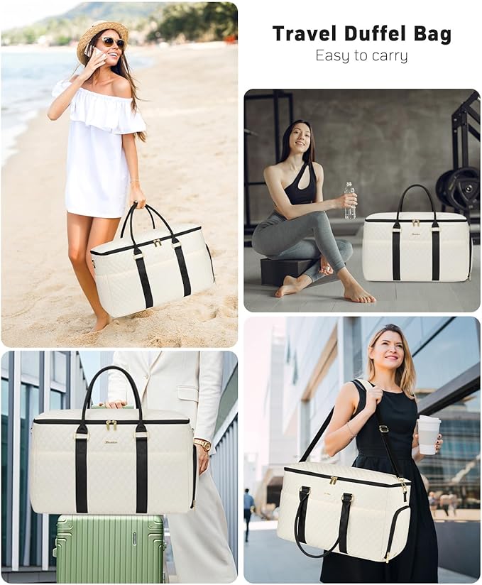 Travel Duffle Bag, Weekender Bag for Women with Shoe Compartment, Large Carry On Overnight Bag with Toiletry Bag, Gym Duffel Bag with Wet Pocket, Hospital Bags for Labor and Delivery (Beige Black)