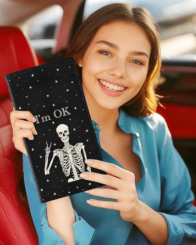 Slohif Car Registration and Insurance Holder - Skeleton Vehicle Glove Box Organizer Women with Magnetic Shut Leather Automobile License Holders Coasters Auto Accessories Case for Document