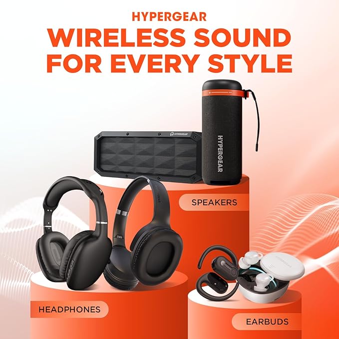 HyperGear Wireless Headphones Bluetooth Black- Noise Isolation Headphones Wireless Over The Ear Head Phones, Gym Headset Built-in Mic Controls Square Foam Cups Foldable Headphone for Women and Men