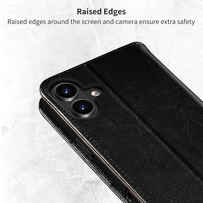 Belemay Leather Wallet Case Compatible with iPhone 17, Premium Cowhide Leather Two-Tone Effect, RFID Blocking Card Holders, Shockproof TPU Shell, Kickstand, Protective Flip Cover, 6.3", Black
