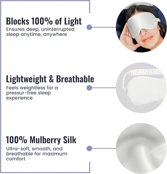 Pure SOL. Silk Sleep Mask - 100% Mulberry Silk Eye Mask - Eye Mask for Sleeping & Blindfold for Power nap During Travel (Ivory)