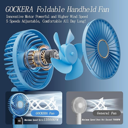 Portable Fan, 4200mAh Battery Operated Fan, 5 Speeds&Digital Display, Makeup Fans for Women with Base, 180°Foldable 3in1 Handheld/Neck/Desk Fan for Outdoor Indoor,Ultra Quiet (sky blue)