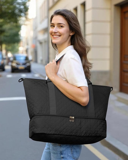 HOTOR Travel Duffel Bag - Weekender Bags for Women, Carry On Overnight Bag with Shoe Compartment, with Toiletry Bag for Travel Essentials and Travel Accessories, Black, 15.8"×18.1"×8.7"