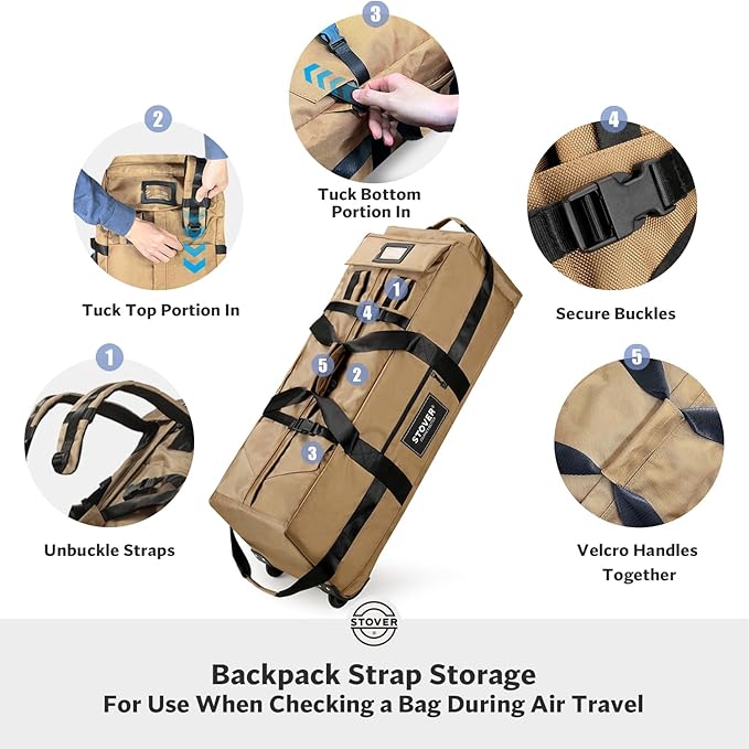 STOVER 80L Rolling Duffel Bag with Wheels, Large Durable Travel Duffle + Toiletry Bag, Heavy Duty, Packable, Foldable with Shoulder Straps- Use as Luggage or Backpack, Men/Women (Tan)