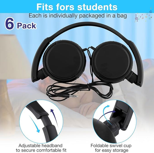 Yunsailing 6 Pack Classroom Headphones Bulk Student Wired Class Headphones Set for School with Individually Wrapped Adjustable Over Ear Head Earbuds (Black)