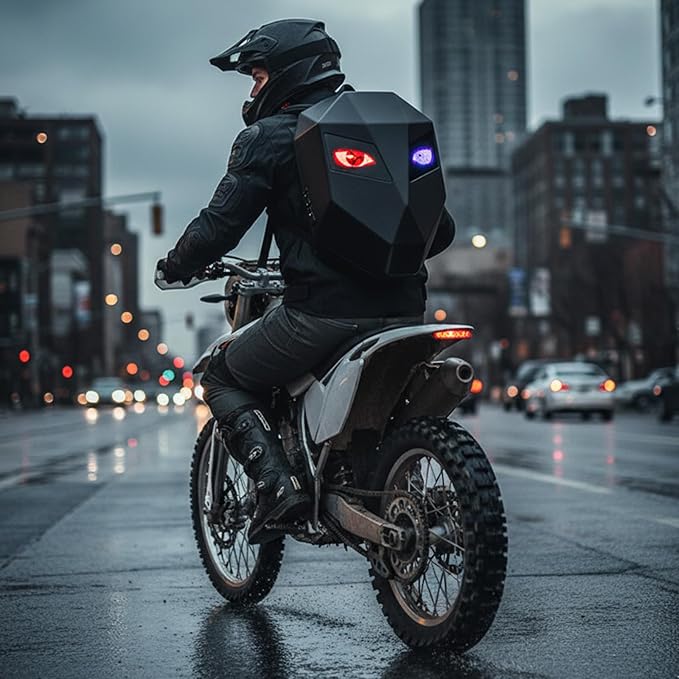 Motorcycle Backpack with LED Eyes, DIY Laptop Backpack for Riding, Cycling, Travel, Waterproof Hard Case Motorbike Bag, Large Size 19" Classic Black