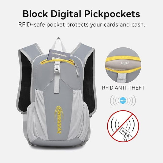 CROSSGEAR Foldable Hiking Backpack, 16L Lightweight Packable Backpack with RFID Pocket, 210D Nylon Fabric, Water Resistant Small Daypack for Women Men Gray