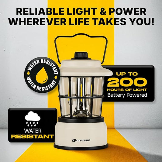 LUXPRO Retro LED Lantern - Battery-Powered Emergency Lantern - Water Resistant - Bright LED Lamp for Indoor & Outdoor Use - Use for Tents, Hiking or Hurricane Prep (Beige, Pack of 1)