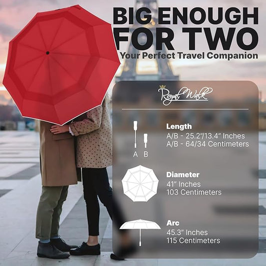Royal Walk Windproof Folding Travel Umbrella Compact and Strong Luxurious Real Wood Handle Automatic Open Close Vented Double Canopy for Men and Women