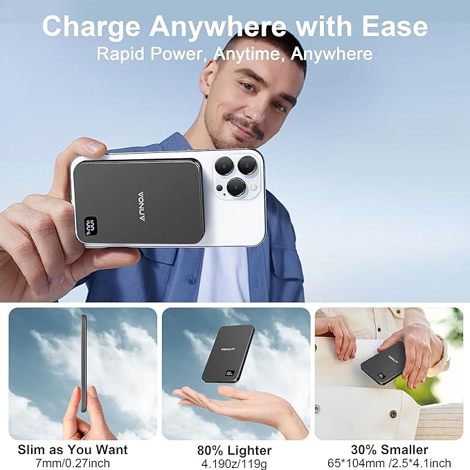 Magnetic Portable Charger 5000mAh, 15W Ultra Slim Wireless Portable Charger, Fast Charging for iPhone 17/16/15/14/13/12 Pro/Pro Max/Plus, Metal Shell, USB-C Cable to Charge Other Phones (Grey)