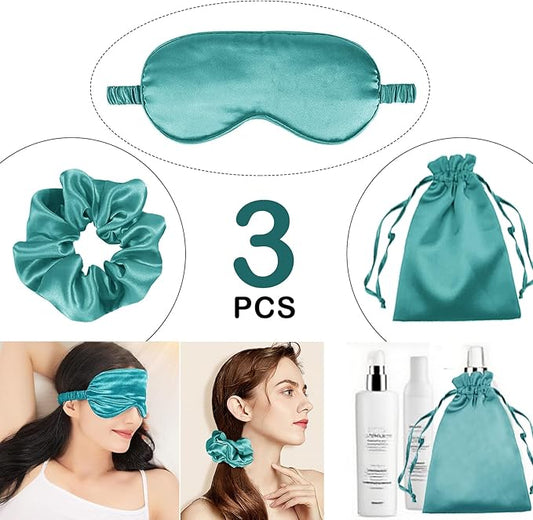 3Pcs Satin Eye Mask Silk Sleep Masks Set Silky Blindfold Eyeshade Blackout Eyes Cover Pouches Bag Scrunchy Wedding Gift