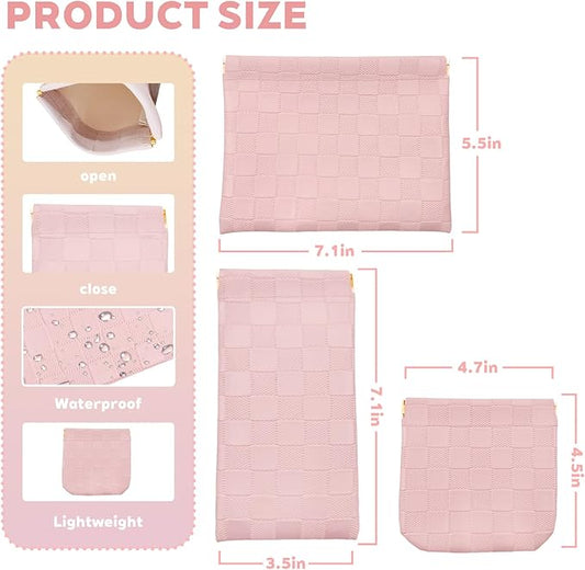 3PCS Small Makeup Bag for Women, Mini Cosmetic Bags Leather Pocket Pouch Purse,Snap Closure Waterproof Portable Bag,Checkered Storage Travel Bag for Lipstick Change Glasses Coin Cards (Pink)