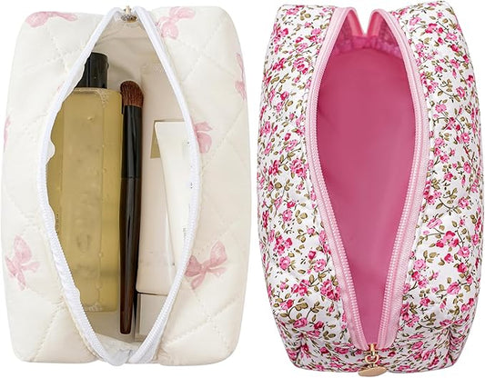 Makeup Bag Travel Cosmetic Bag for Women Girls, Zipper Make Up Pouch, Floral Flowers Toiletry Organizer Makeup, Portable Storage Cosmetic Travel Cloth Bag (Pink Bow Tie+Flower-Red)